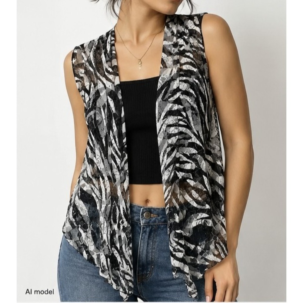 VTG Y2K 90s Zebra And Rose print‎ sheer open front flowy Vest lightweight Sz S